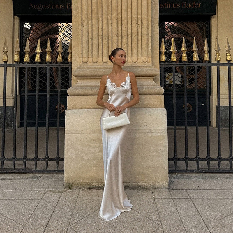 Robe Longue Femme – Tissu Satiné avec Dentelle Florale