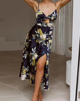Robe Midi Femme Fleurie – Col V, Nœud Frontal et Bretelles Réglables