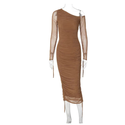 Robe Longue Femme Bodycon – Col Asymétrique Une Épaule Manches Longues Voilées