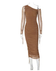 Robe Longue Femme Bodycon – Col Asymétrique Une Épaule Manches Longues Voilées