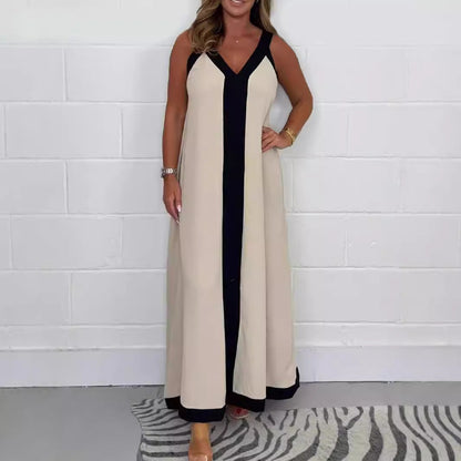 Robe Longue Femme sans Manches Bicolore – Col V Coupe Ample