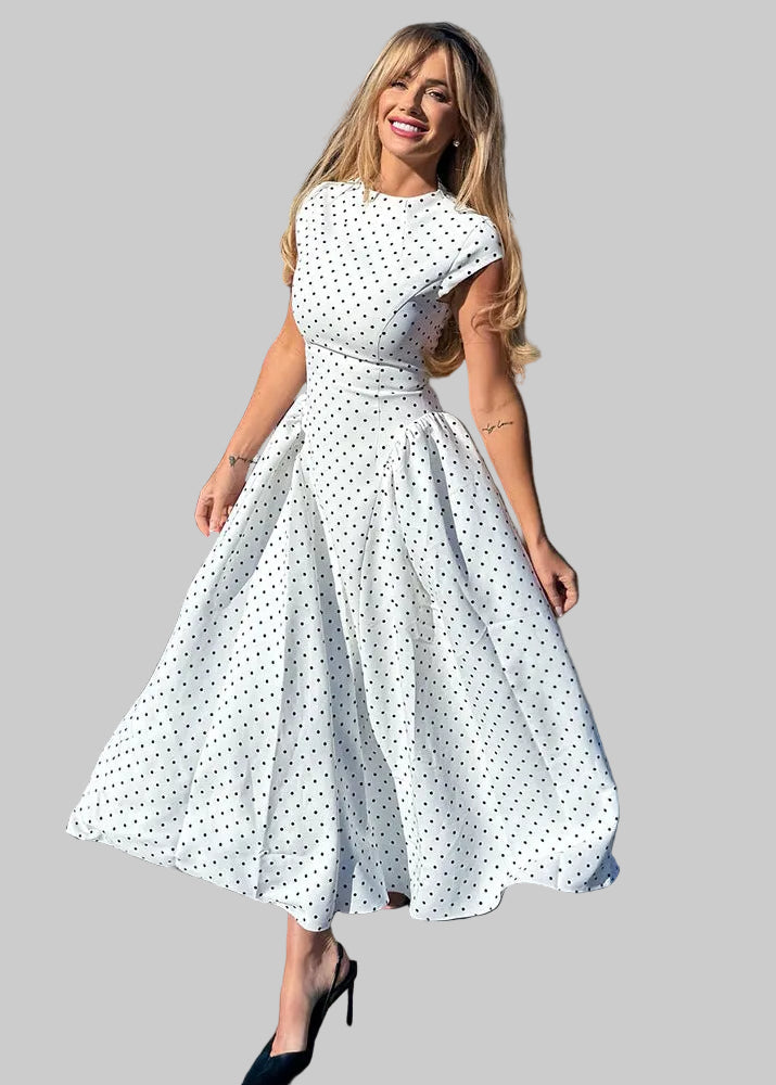 Robe Longue Femme à Pois – Col Haut Manches Courtes Coupe A-Line
