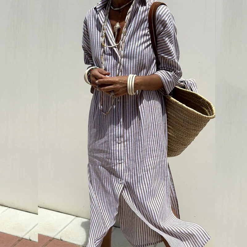 Robe Chemise Midi Rayée Légère pour Femme – Coupe Ample Boutonnée