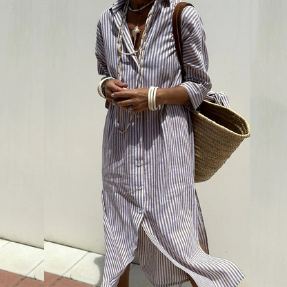 Robe Chemise Midi Rayée Légère pour Femme – Coupe Ample Boutonnée