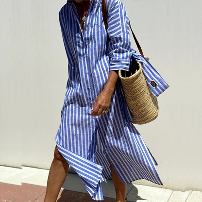 Robe Chemise Midi Rayée Légère pour Femme – Coupe Ample Boutonnée