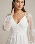 Robe Longue Femme en Dentelle Brodée – Col V et Jupe à Volants