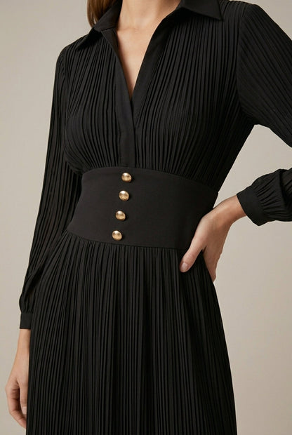 Robe Longue Femme Plissée Col V – Manches Longues et Ceinture Boutonnée