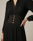 Robe Longue Femme Plissée Col V – Manches Longues et Ceinture Boutonnée