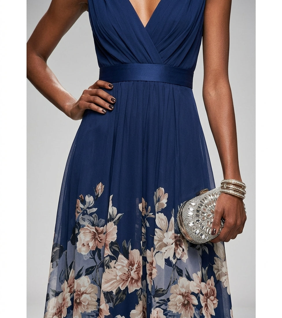 Robe Longue Femme Imprimé Floral – Col V Sans Manches