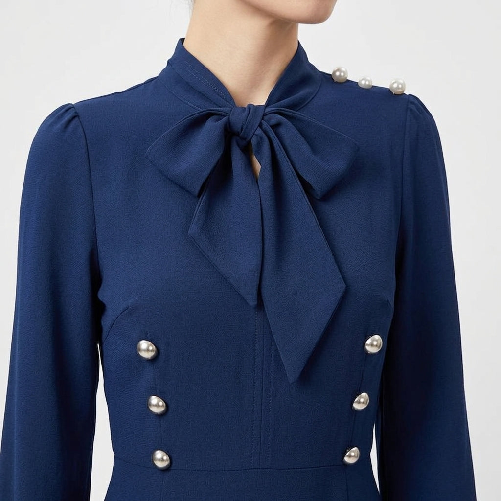 Robe Midi Femme Coupe A – Boutons Croisés Décoratifs et Col Nœud Manches Longues