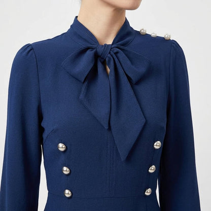 Robe Midi Femme Coupe A – Boutons Croisés Décoratifs et Col Nœud Manches Longues