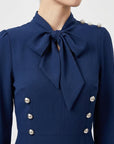 Robe Midi Femme Coupe A – Boutons Croisés Décoratifs et Col Nœud Manches Longues
