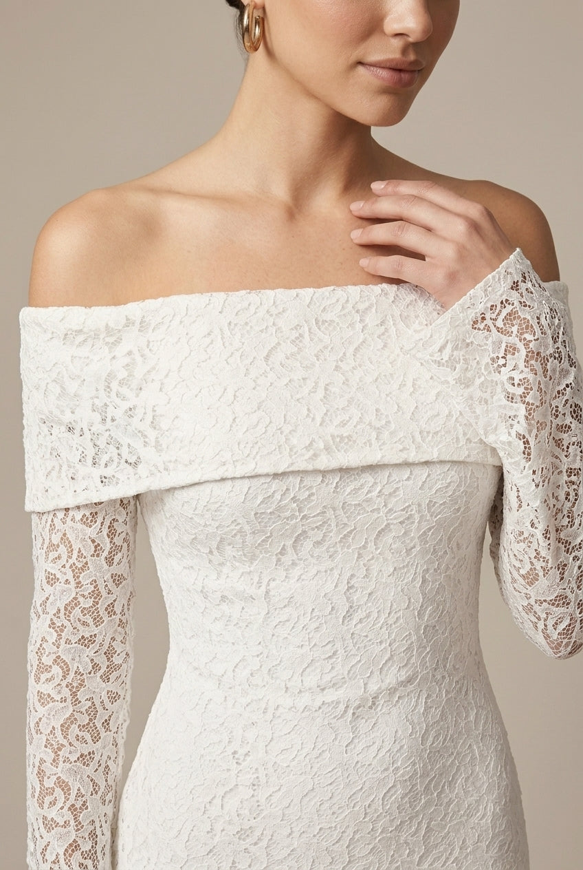 Robe Longue Femme Épaules Dénudées – Sirène Dentelle Contrastée Manches Évasées