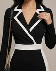 Robe Femme Blazer Bodycon Midi – Passepoil Contrasté et Col Tailleur