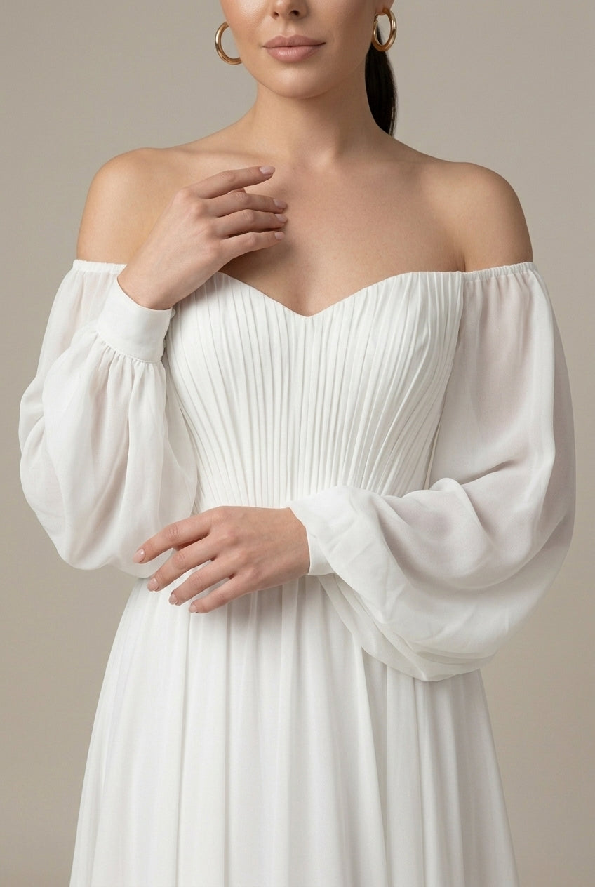 Robe Maxi Épaules Dénudées Femme en Mousseline – Plissée à Manches Bouffantes