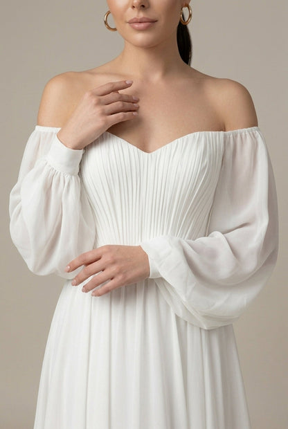 Robe Maxi Épaules Dénudées Femme en Mousseline – Plissée à Manches Bouffantes