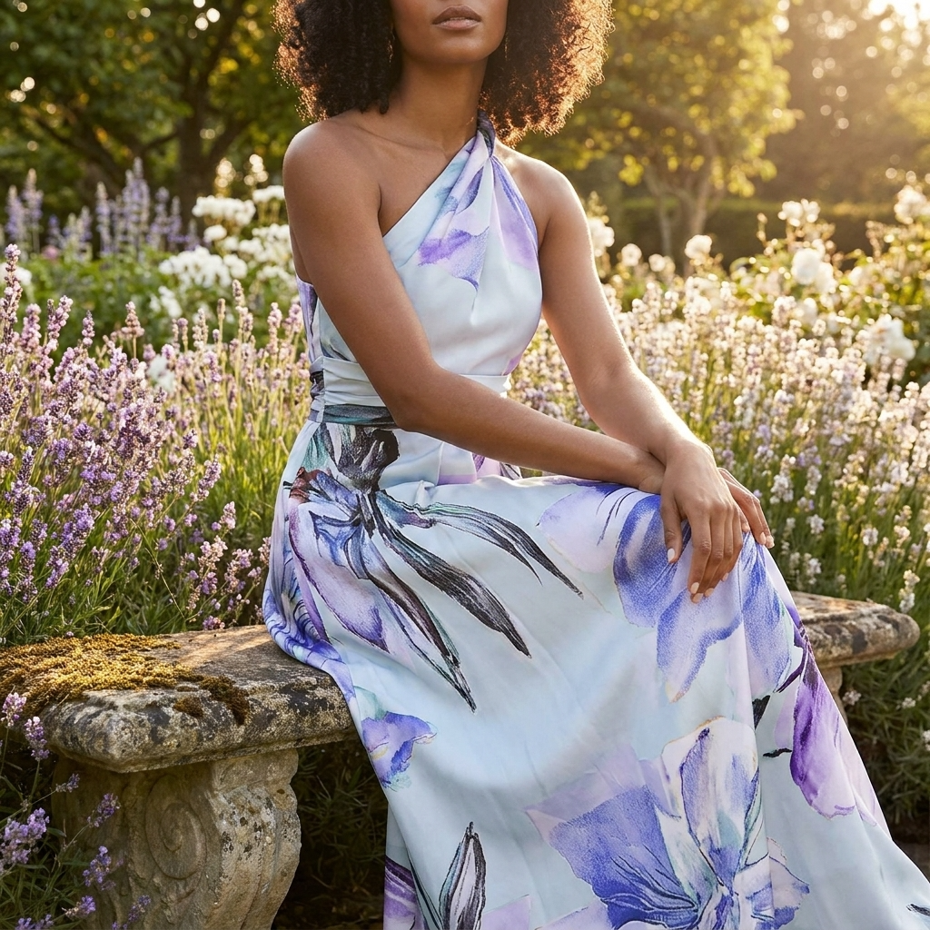 Robe Longue Femme à Imprimé – Col Halter Asymétrique