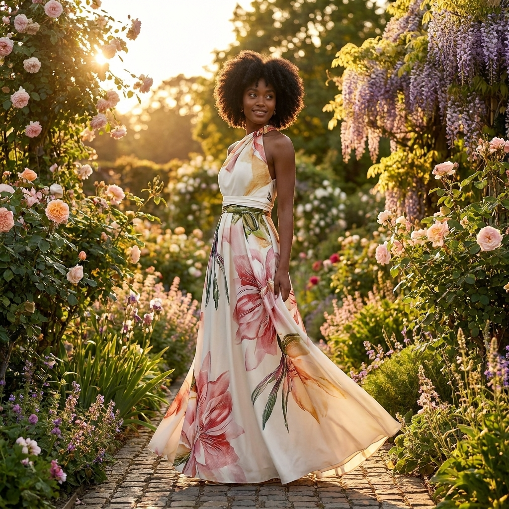 Robe Longue Femme à Imprimé – Col Halter Asymétrique