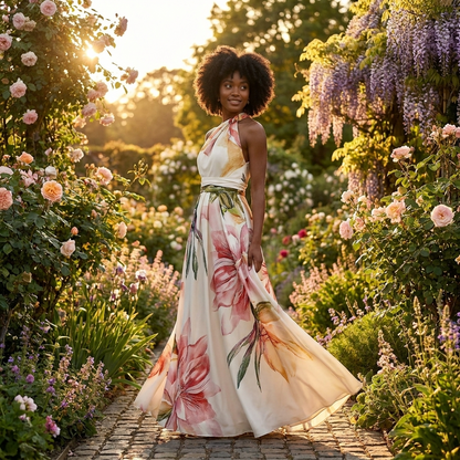 Robe Longue Femme à Imprimé – Col Halter Asymétrique