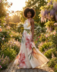 Robe Longue Femme à Imprimé – Col Halter Asymétrique