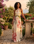 Robe Longue Femme à Imprimé – Col Halter Asymétrique