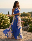 Robe Longue Femme à Imprimé – Col Halter Asymétrique