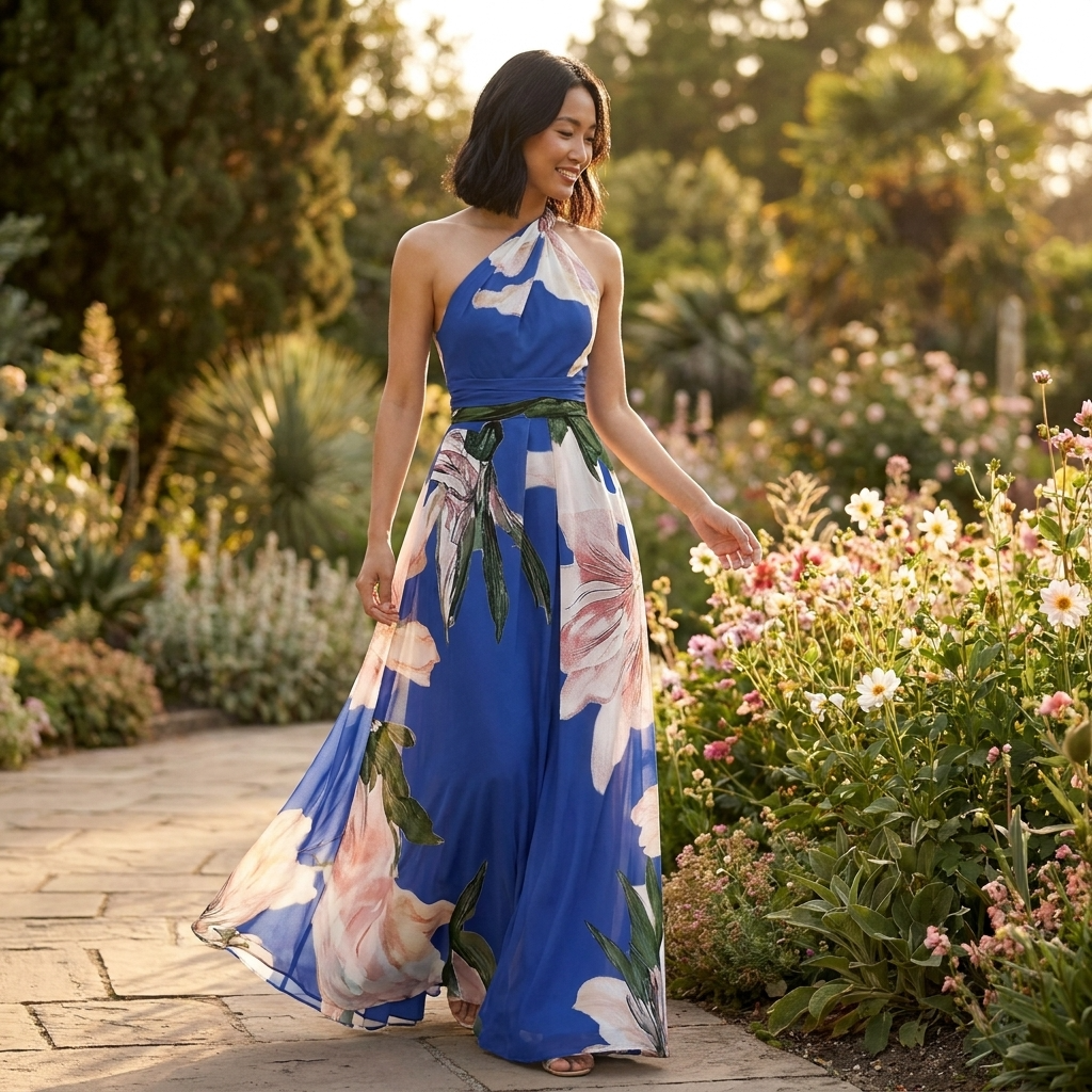 Robe Longue Femme à Imprimé – Col Halter Asymétrique
