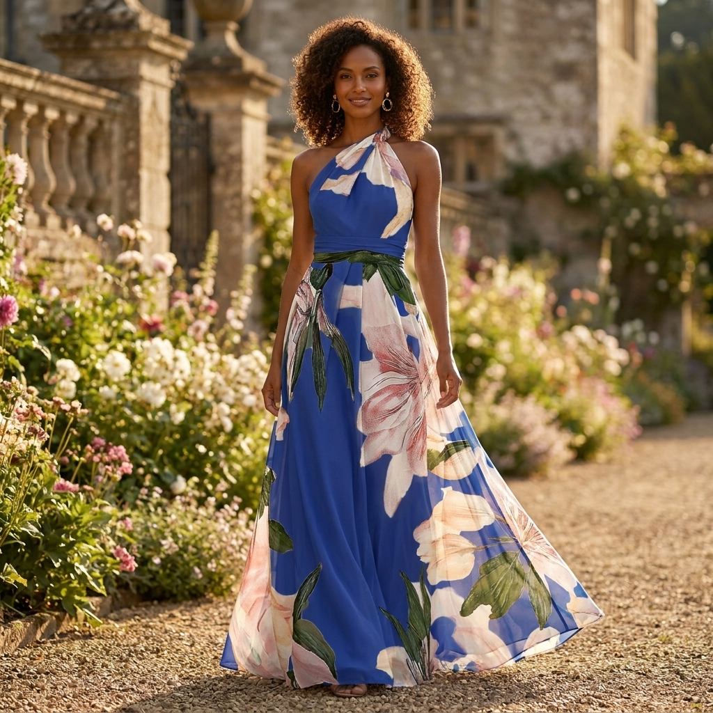 Robe Longue Femme à Imprimé – Col Halter Asymétrique