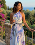 Robe Longue Femme à Imprimé – Col Halter Asymétrique