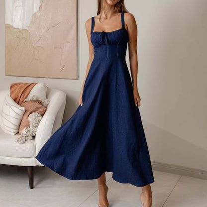 Robe midi femme à encolure carrée – silhouette trapèze effet corset
