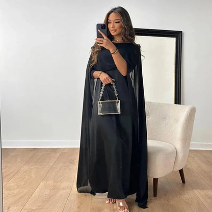 Robe Maxi Femme Chiffon Manches Cape – Col Rond Silhouette Fluide