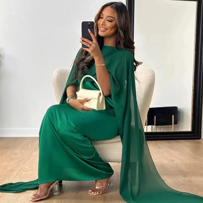 Robe Maxi Femme Chiffon Manches Cape – Col Rond Silhouette Fluide