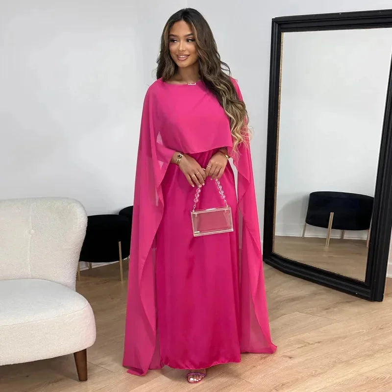 Robe Maxi Femme Chiffon Manches Cape – Col Rond Silhouette Fluide