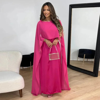 Robe Maxi Femme Chiffon Manches Cape – Col Rond Silhouette Fluide