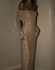Robe Longue Femme Pailletée – Coupe Moulante Épaules Dénudées