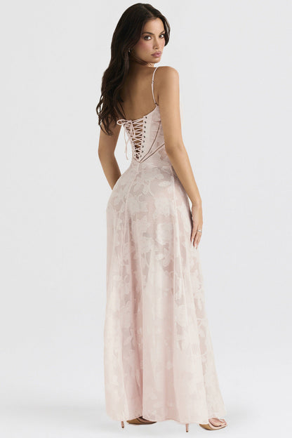 Robe Longue Femme en Dentelle Fleurie – Bretelles Fines & Col Cœur