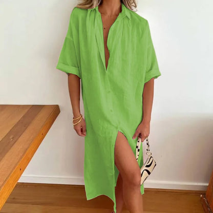 Robe Midi Femme en Mélange Coton-Lin – Col Chemisier Coupe Décontractée