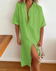 Robe Midi Femme en Mélange Coton-Lin – Col Chemisier Coupe Décontractée