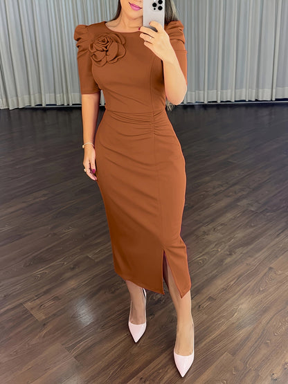 Robe Midi Femme Moulante – Manches Bouffantes et Détail Floral en Relief