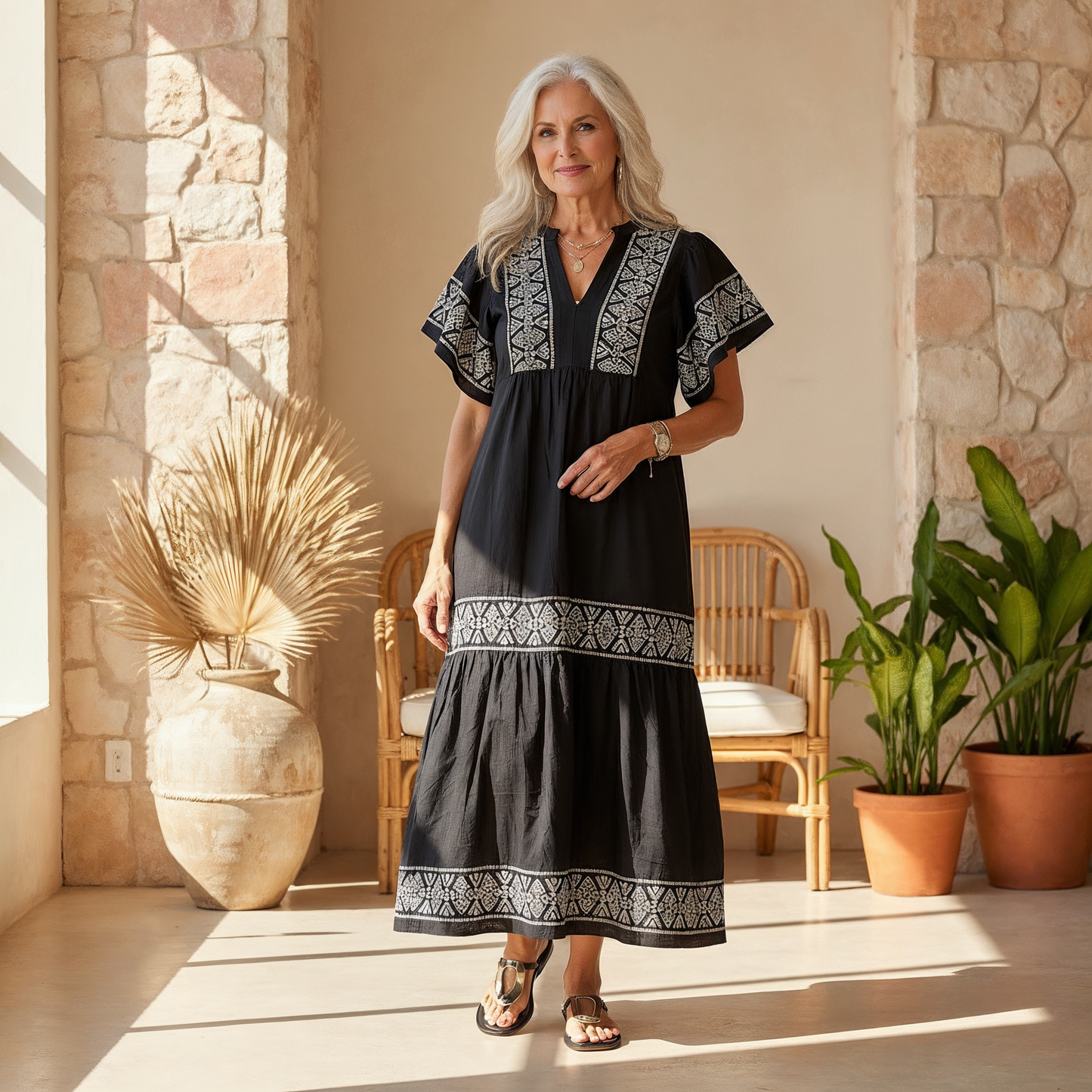 Robe Midi Bohème Femme en Coton – Col V Détails Brodés