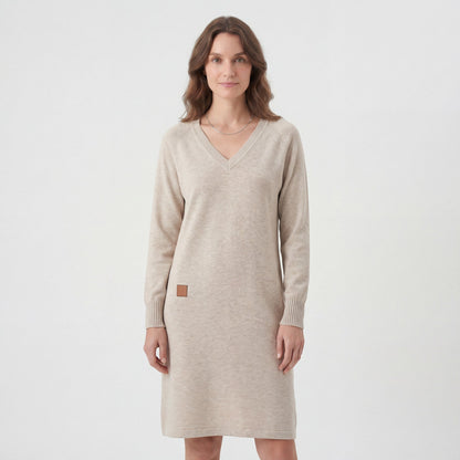 Robe Midi Femme Col V Manches Longues – Coupe Droite Décontractée | Maille Douce