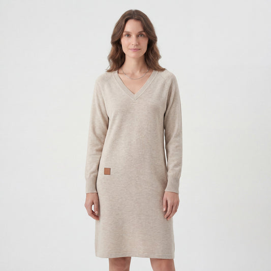 Robe Midi Femme Col V Manches Longues – Coupe Droite Décontractée | Maille Douce