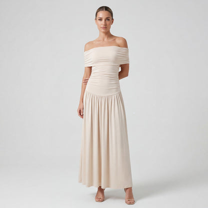 Claire Mode | Robe Longue Femme Plissée à Épaules Dénudées