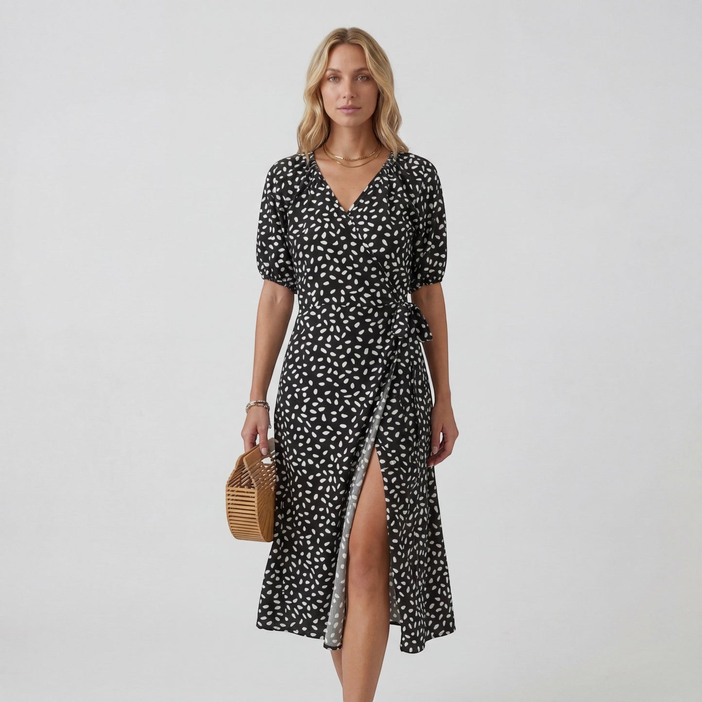 Robe Midi Femme Col V Coupe A – Jupe Fluide Fente Latérale | Drapé Léger Aérien