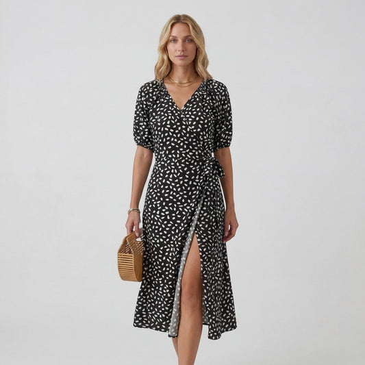 Robe Midi Femme Col V Coupe A – Jupe Fluide Fente Latérale | Drapé Léger Aérien