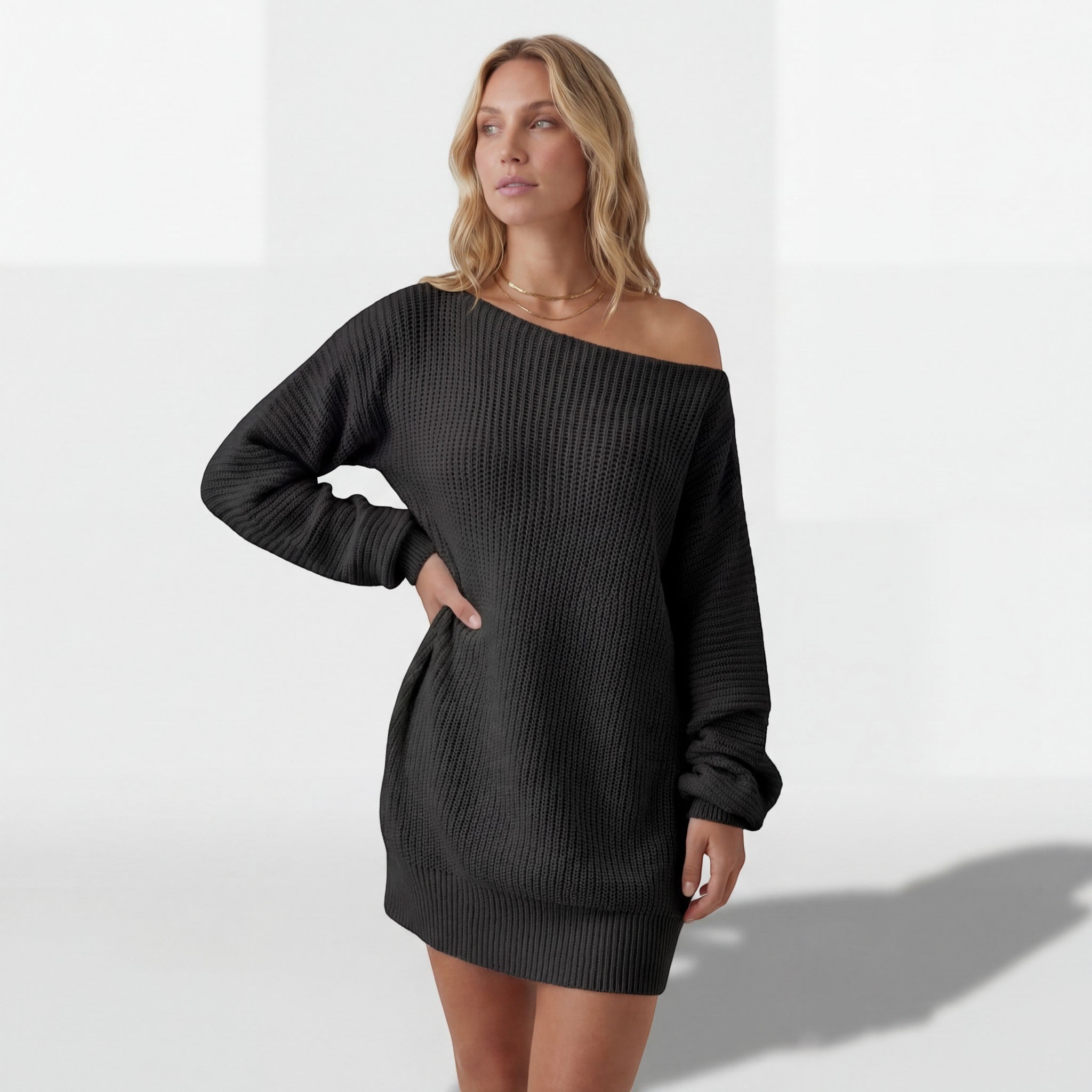 Robe Pull Femme en maille, épaules dénudées, coupe décontractée – Menvelo