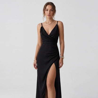 Robe Slip Femme Col V Fendue – Coupe Slim à Bretelles | Drapé Soyeux