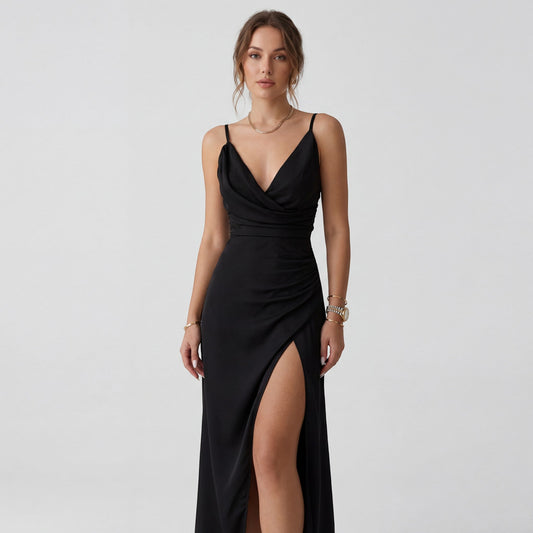 Robe Slip Femme Col V Fendue – Coupe Slim à Bretelles | Drapé Soyeux