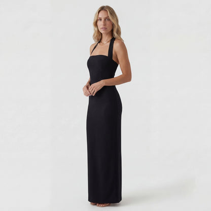 Robe Maxi Femme Col Halter en Maille Extensible – Coupe Bodycon Élégante