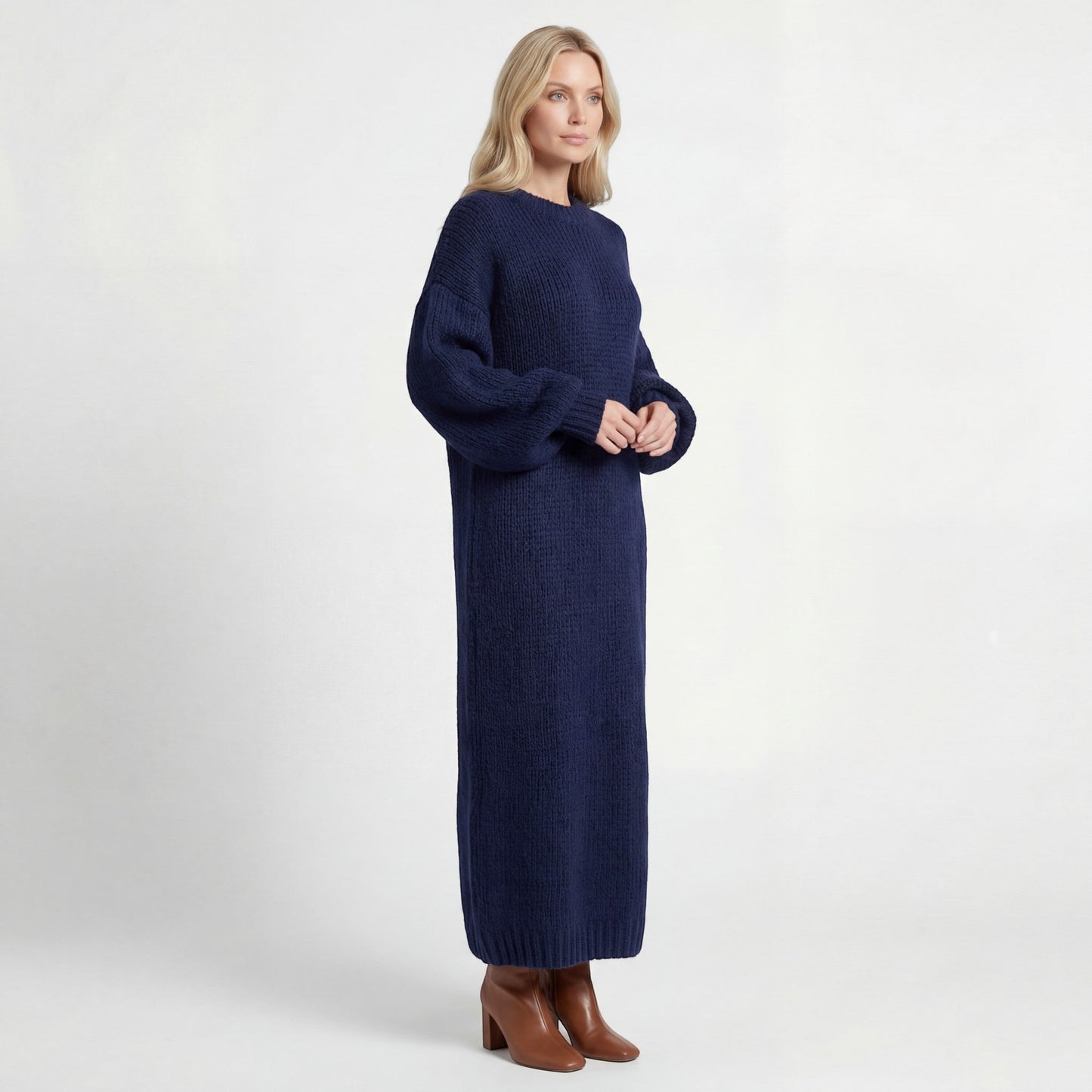 Robe Pull Femme Col Rond – Coupe Ample Manches Lanternes | Maille Mélange de Laine